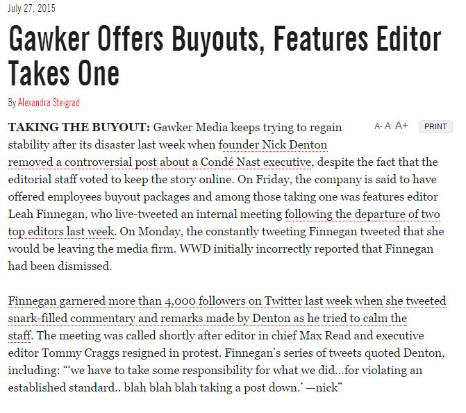 The third version of the WWD story admits WWD wrongly said Finnegan was fired. 