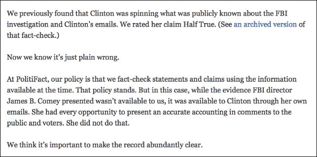 PolitiFact’s reasoning to change a Half-True rating to False, based on information Clinton would have had. (Credit: Screenshot detail, PolitiFact) 