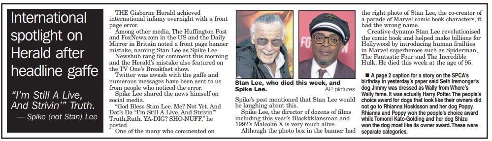 Spike Lee Responds to Stan Lee Obit Mixup in New Zealand's Gisborne Herald